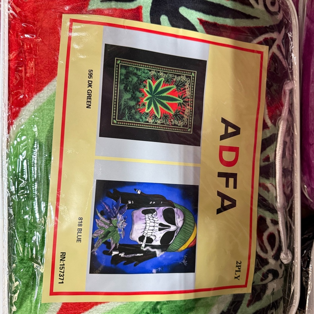 Queen Size Blanket with Cannabis Leaf and Skull Design - Dark Green & Blue